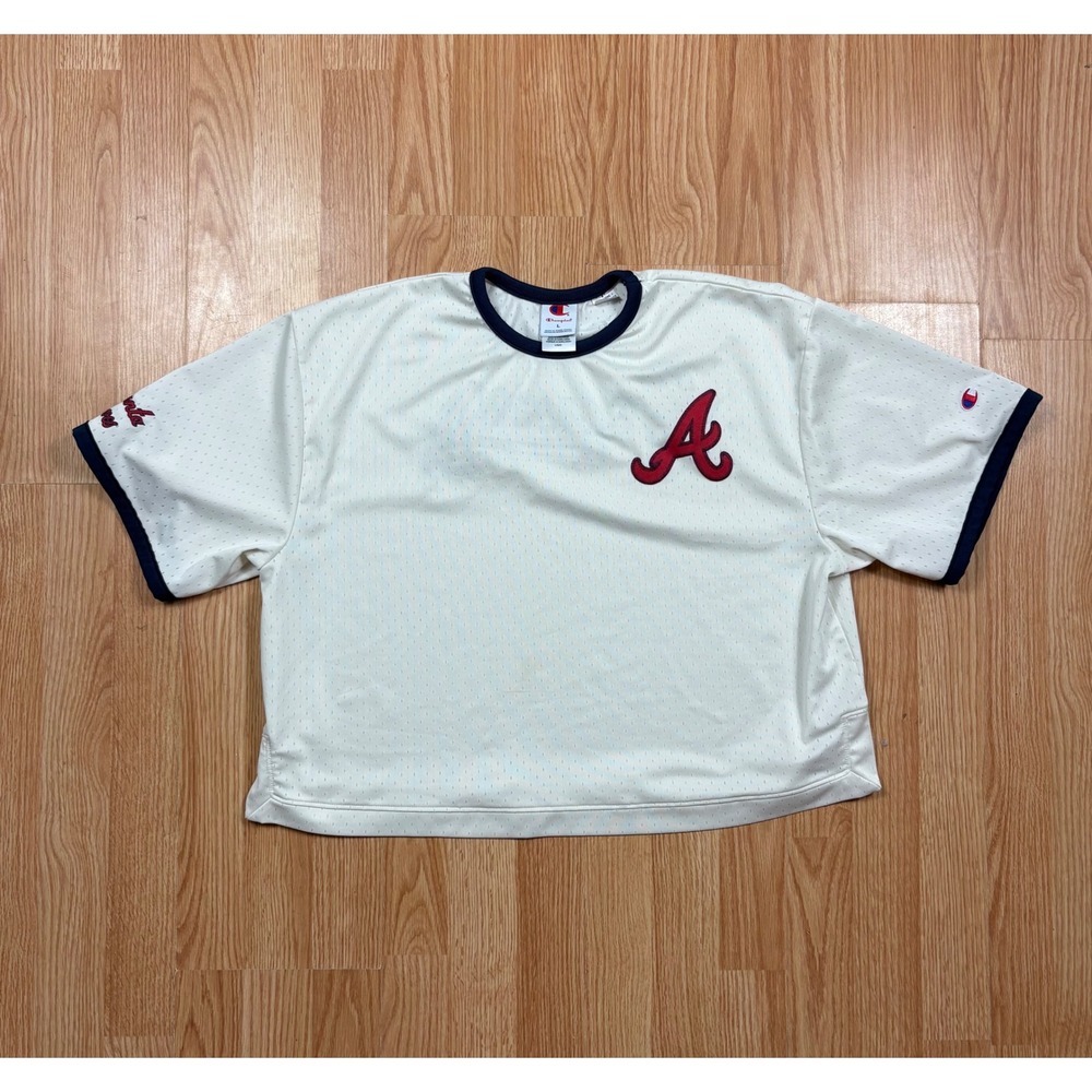 Champion Atlanta Braves Mesh Jersey Shirt White Blue Ringer Cropped Large C1